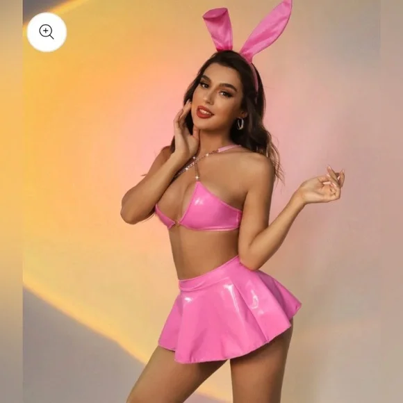 Rave Outfits Bunny Cosplay Costume Latex Bikini Rave Skirt Festival Outfit - Picture 1 of 5